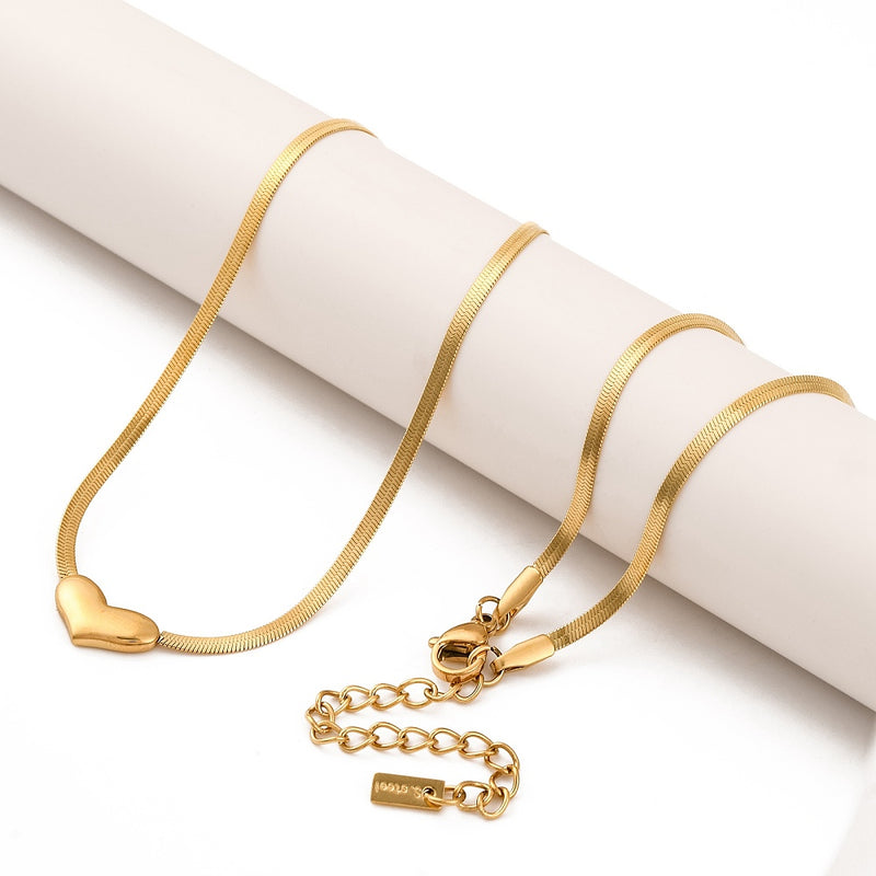 14k Gold Plated Stainless Steel Snake Chain Necklace with Heart