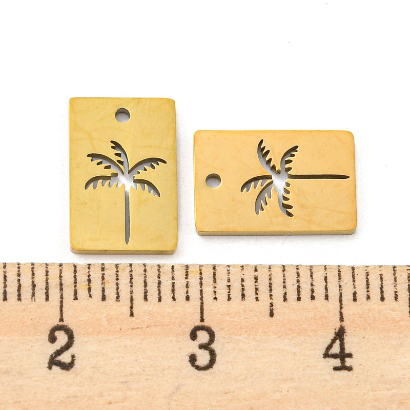 Stainless Steel Gold Rectangle Coconut Tree Charm