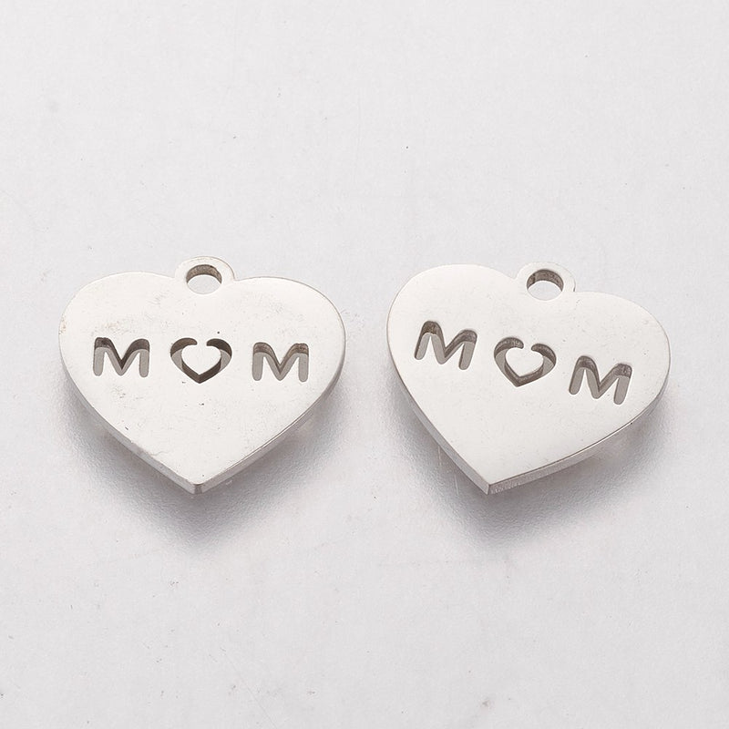 Stainless Steel Heart Charm with Mom word