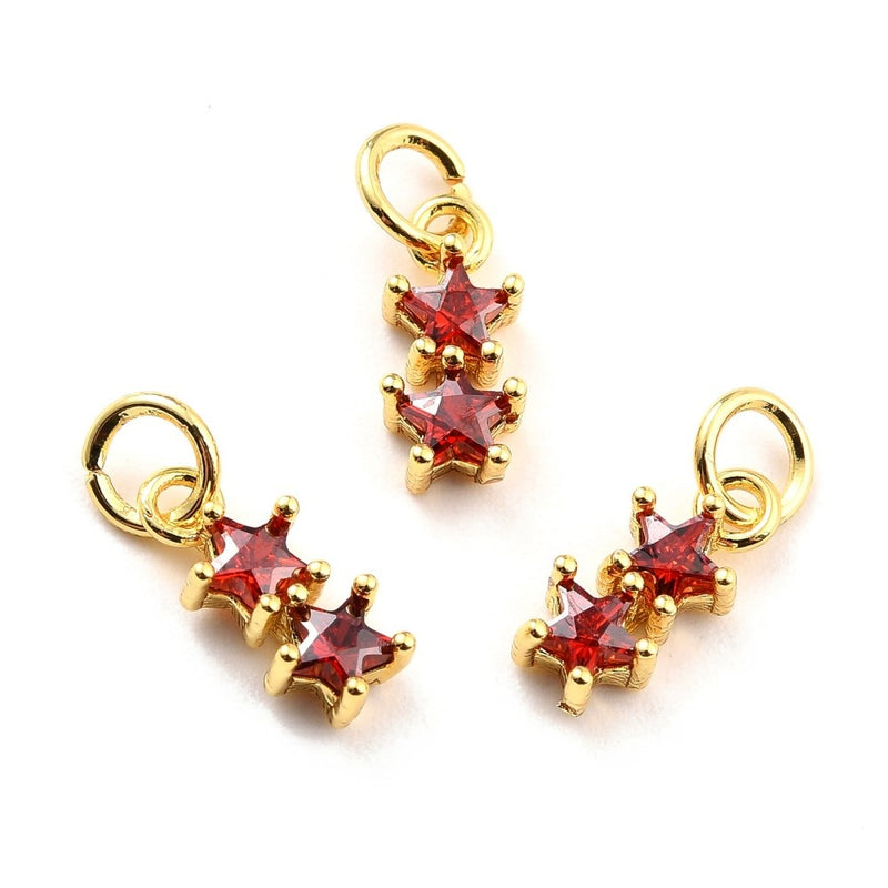 Brass Cubic Zirconia 18k Gold Plated Charm (Red Stars) Hole 3.8mm