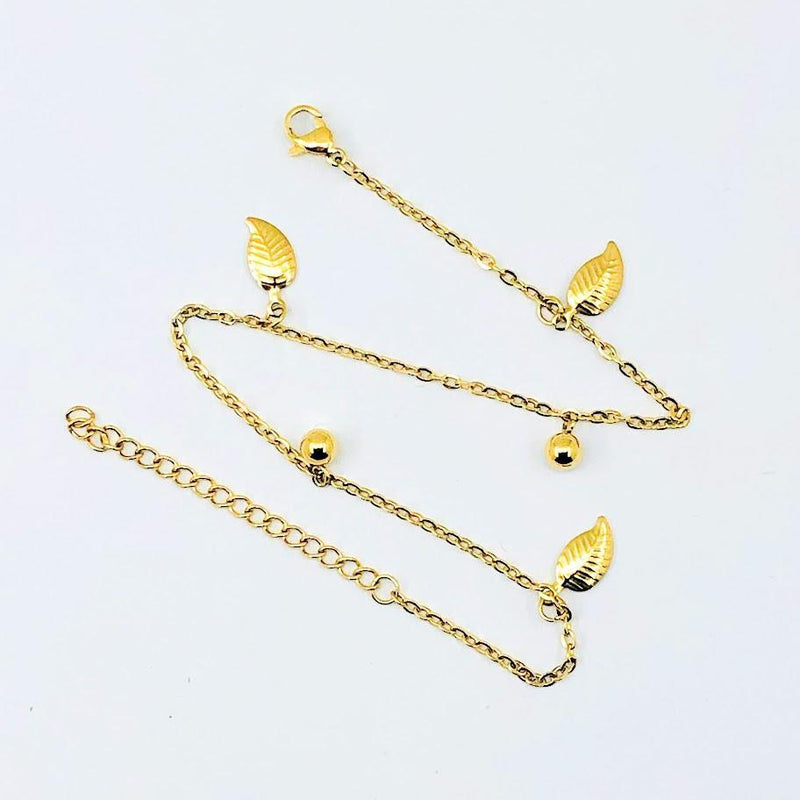 Stainless Steel Anklets Chain Leaf With Ball and Lobster Clasp Gold