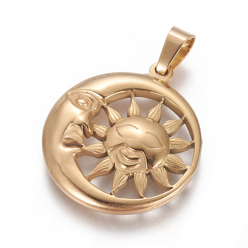 Stainless Steel Gold Sun with Moon Pendant