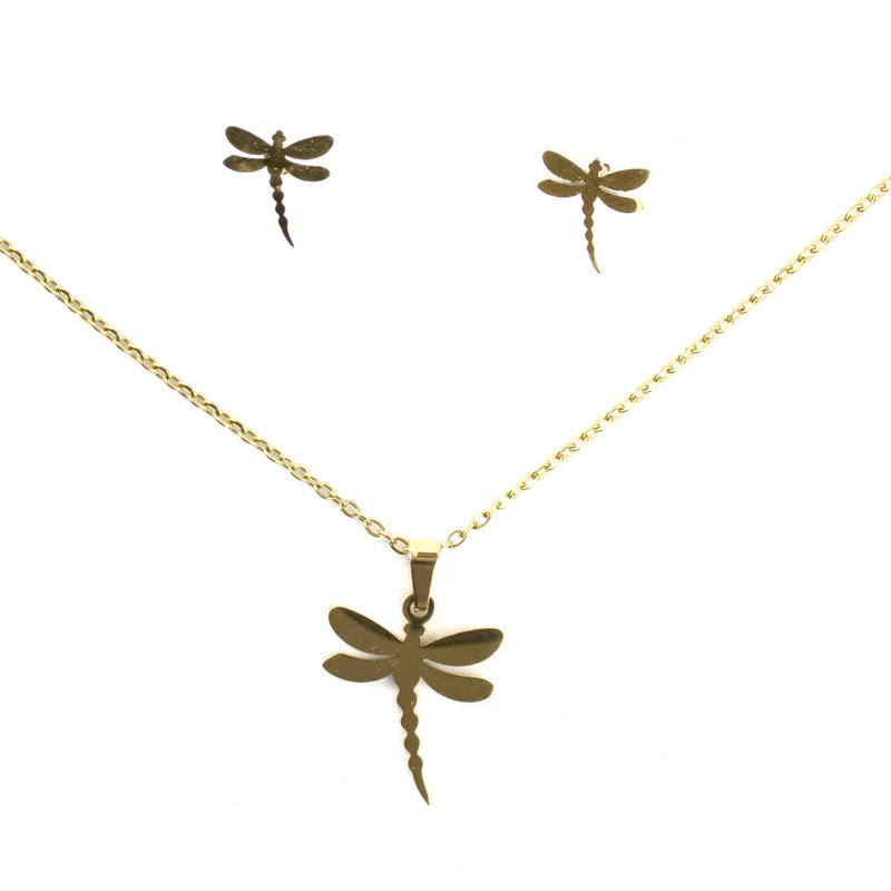 Stainless Steel Necklace & Earrings Gold Set (Dragonfly)