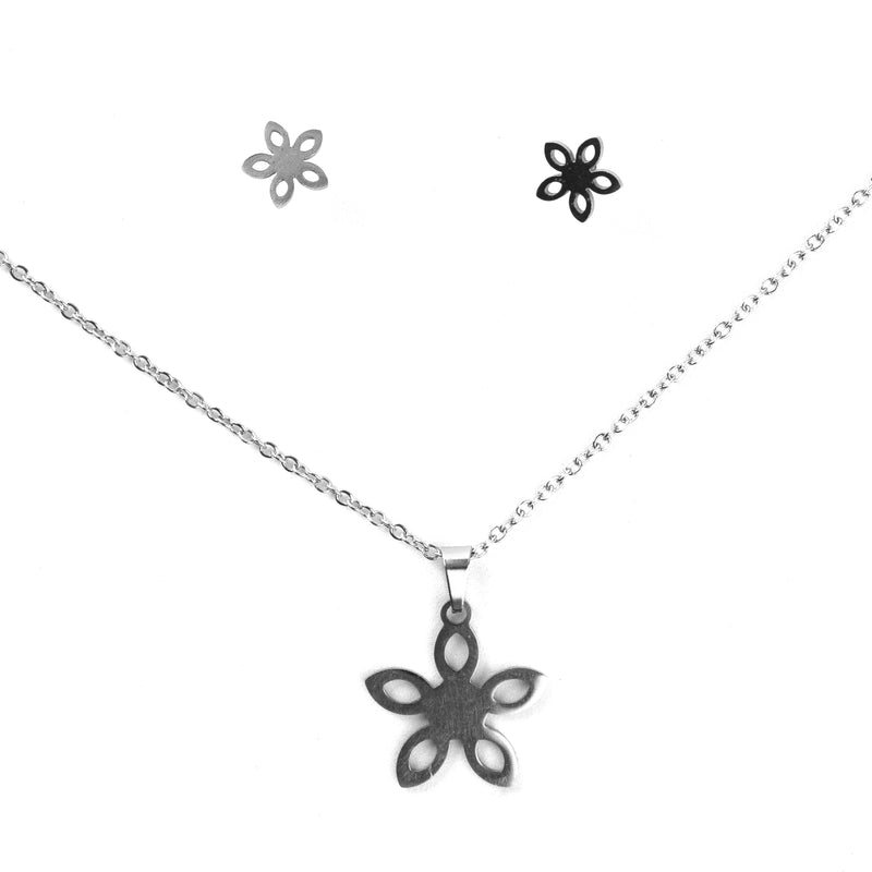 Stainless Steel Necklace & Earrings Silver Set (Flower)
