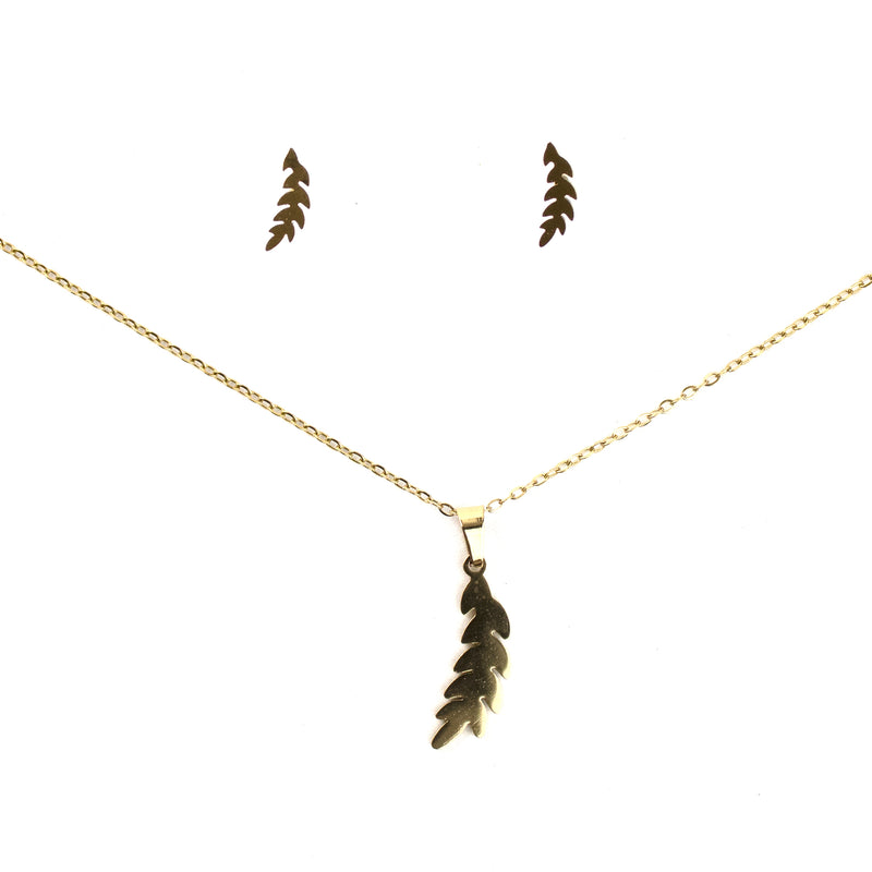 Stainless Steel Necklace & Earrings Gold Set (Leaf)