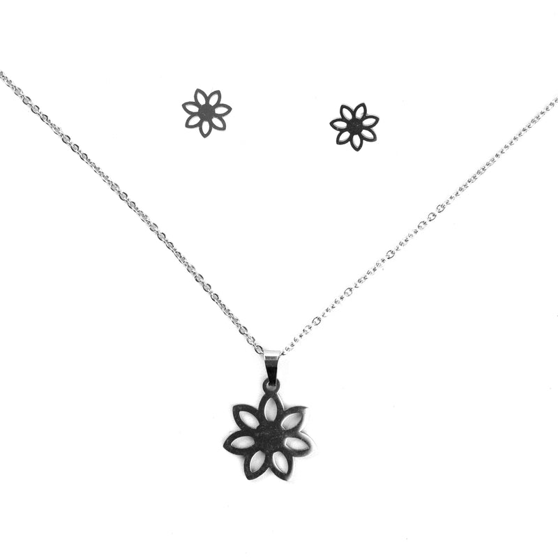 Stainless Steel Necklace & Earrings Silver Set (Hollow Flower)