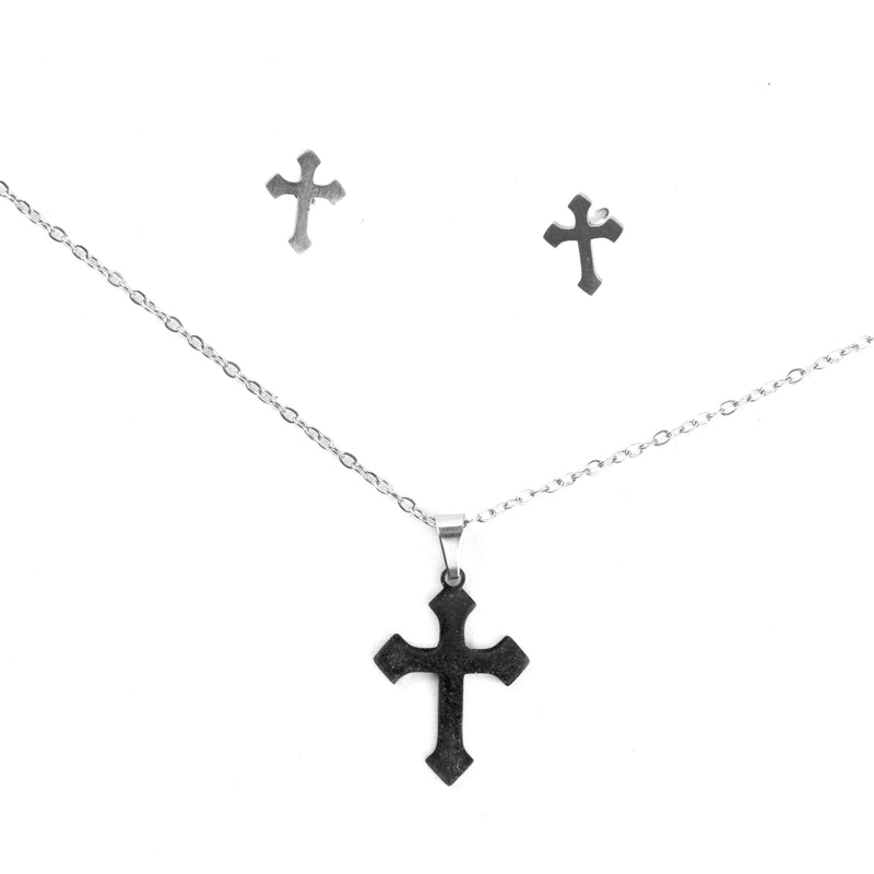 Stainless Steel Necklace & Earrings Set (Cross)