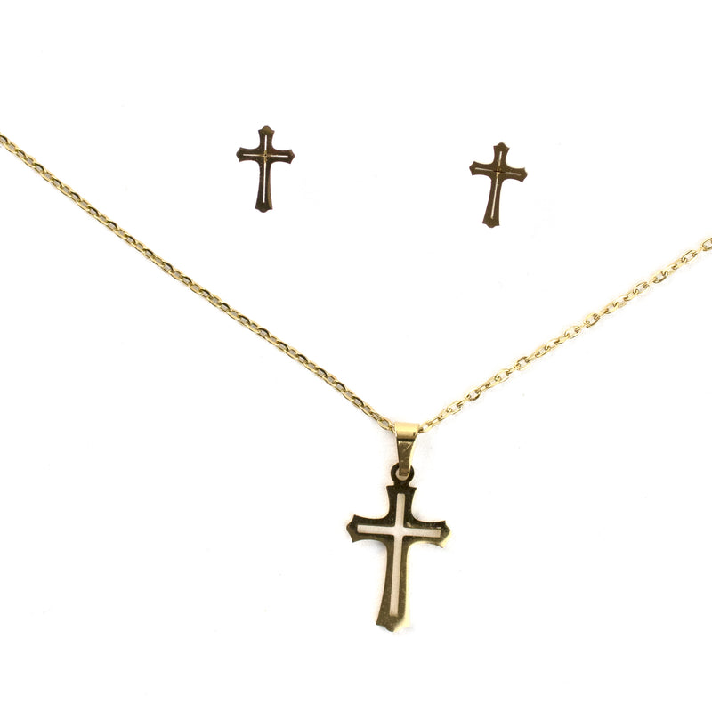 Stainless Steel Necklace & Earrings Set (Hollow Cross)