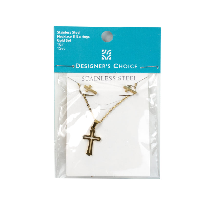 Stainless Steel Necklace & Earrings Set (Hollow Cross)