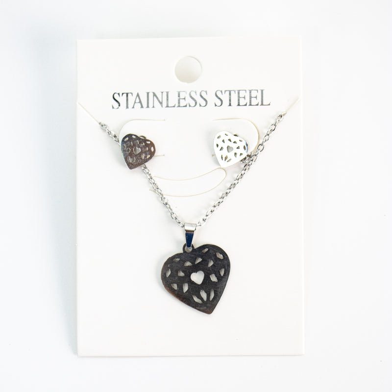Stainless Steel Filigree Heart Set