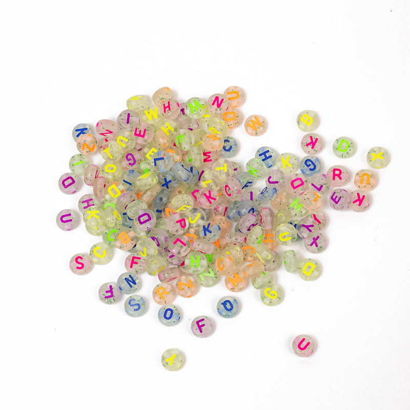 Round Acrylic Alphabet Transparent Glitter & Neon Letters Beads