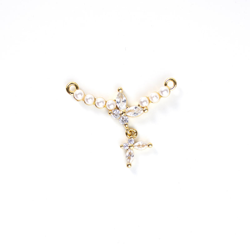 Cubic Zirconia and Glass Pearl Gold Butterfly Connector