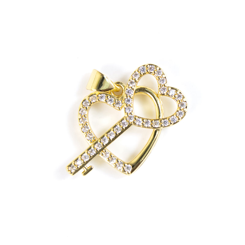 Cubic Zirconia Heart & Key Gold Pendant