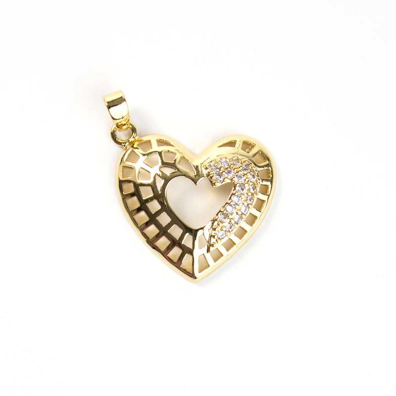 Micro Pave Hollow Embossed Heart Gold Pendant