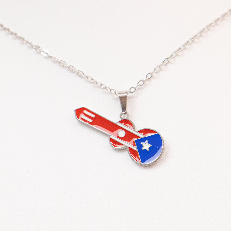 Stainless Steel Puerto Rican Flag Guitar Pendant Chain Necklace