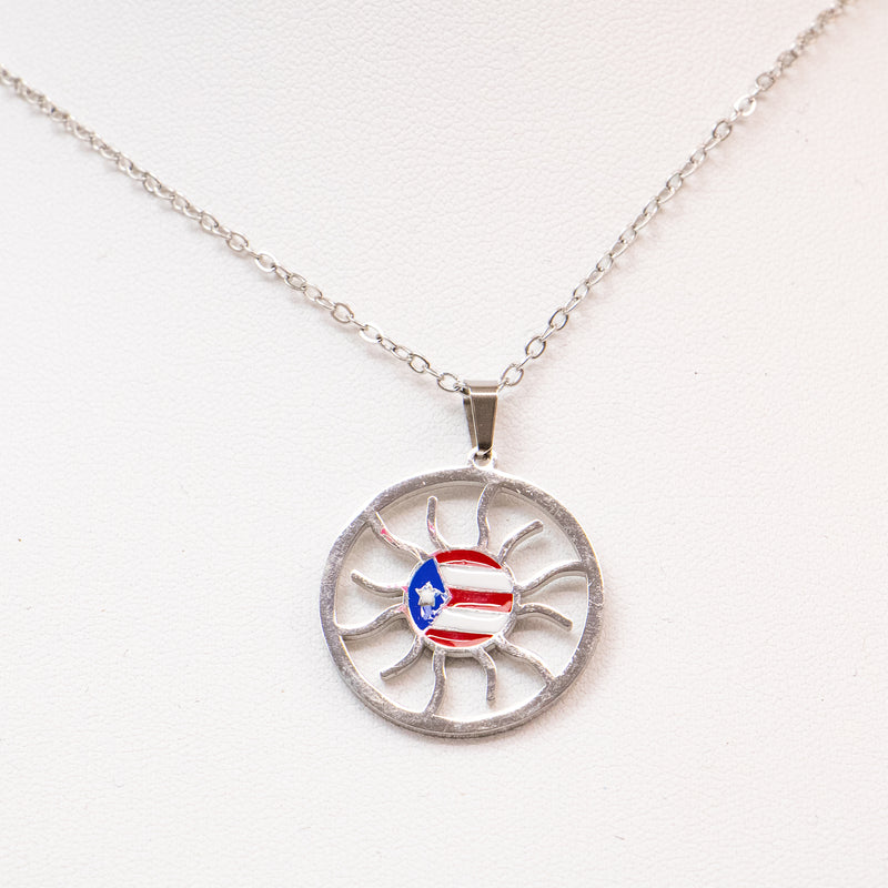 Stainless Steel Puerto Rican Flag Sun Pendant Chain Necklace