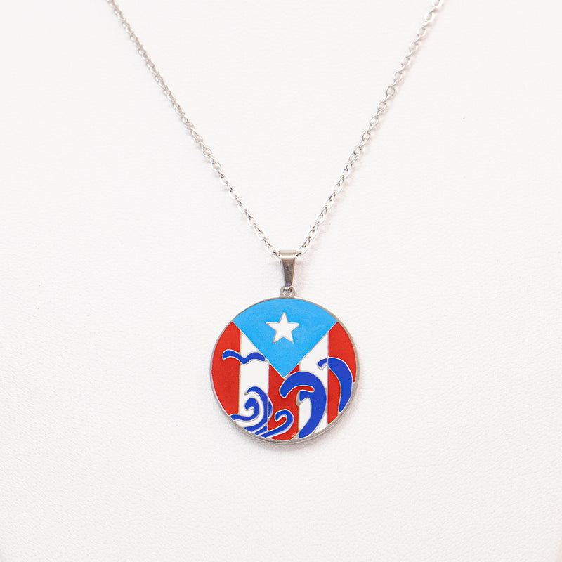 Stainless Steel Puerto Rican Round Flag Pendant Chain Necklace