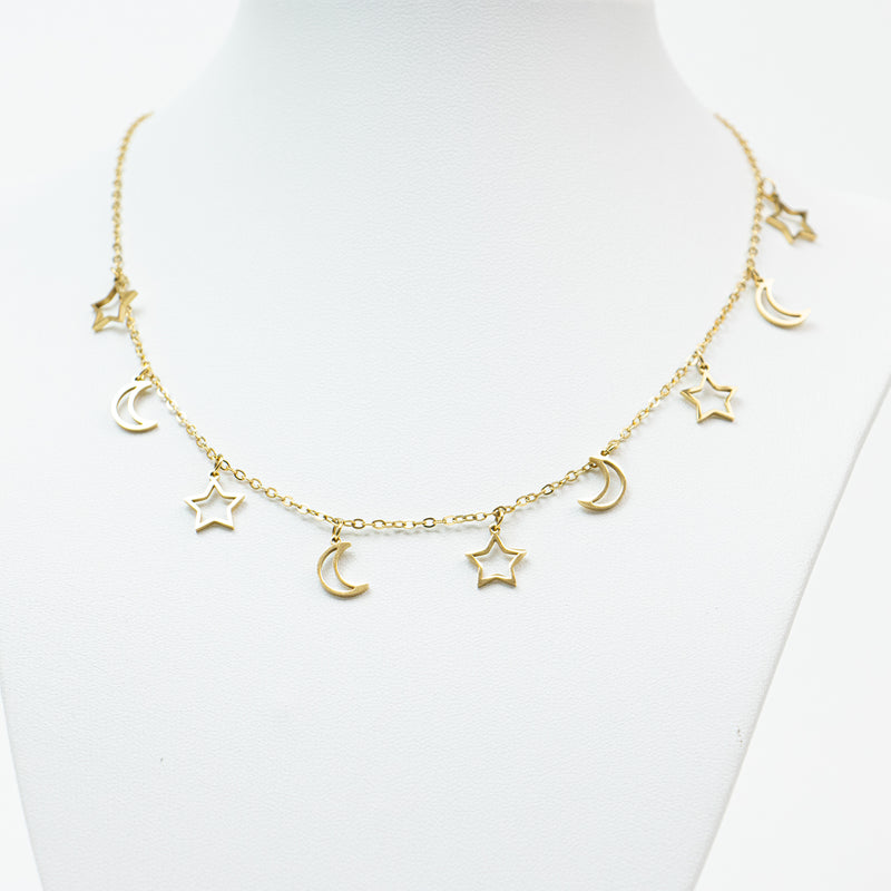 Stainless Steel Gold Hollow Moons and Stars Choker Necklace