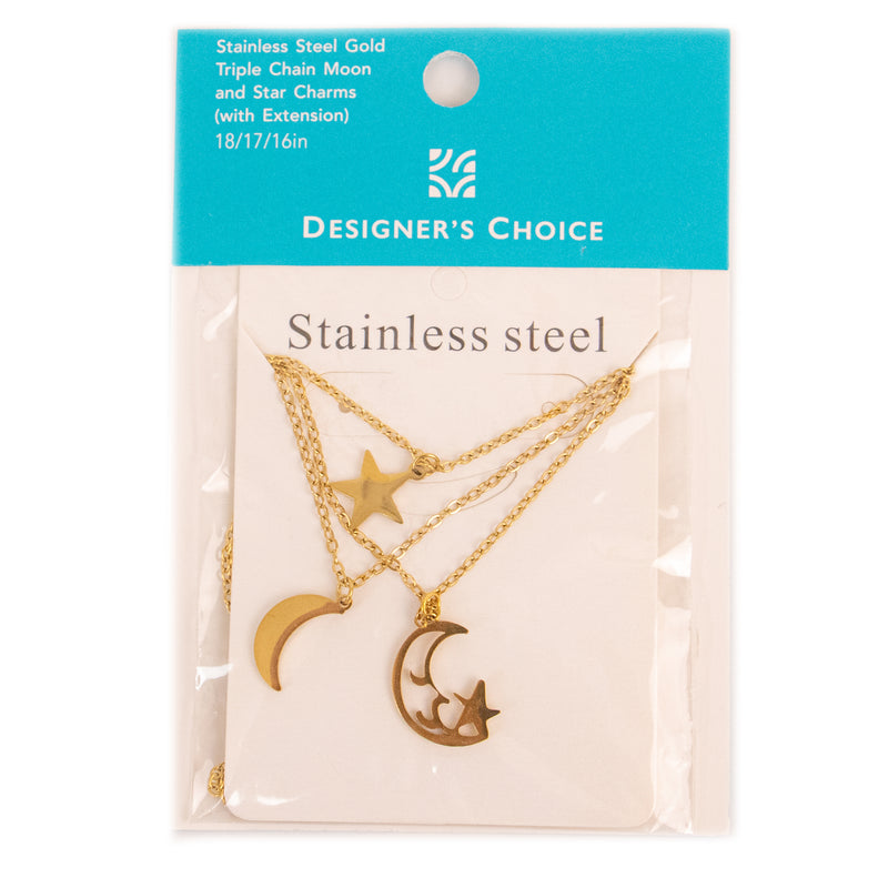 Stainless Steel Triple Chain Moon and Star Charms with Extension