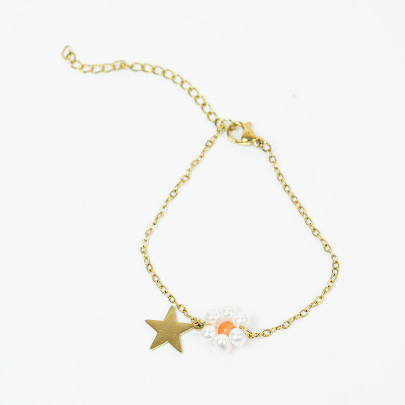 Stainless Steel Imitation Pearl Flower Gold Connector and Star Charm Bracelet