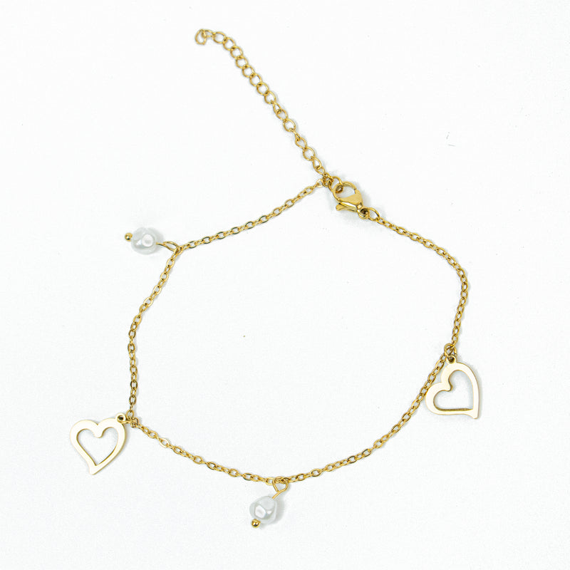 Stainless Steel Silver Hollow Hearts and Imitation Pearl Charms Anklet