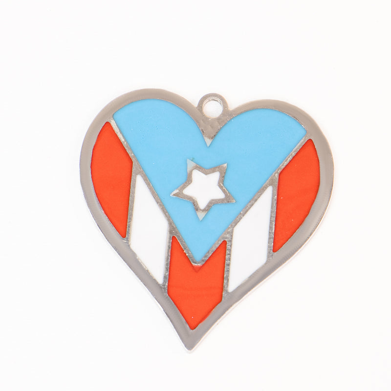 Stainless Steel Enamel Puerto Rico Flag Heart Charm