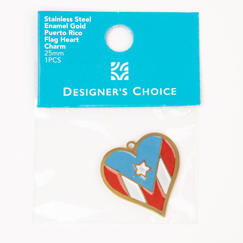 Stainless Steel Enamel Puerto Rico Flag Heart Charm