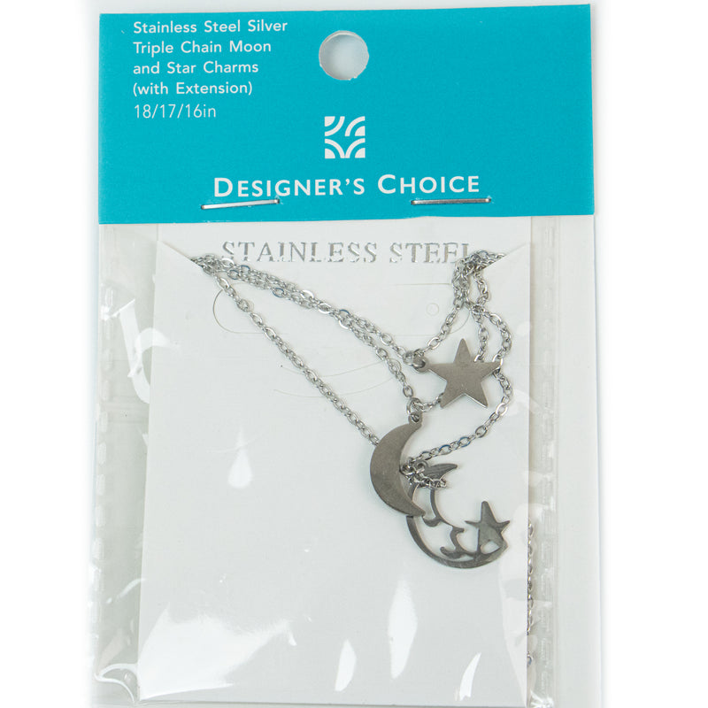 Stainless Steel Triple Chain Moon and Star Charms with Extension