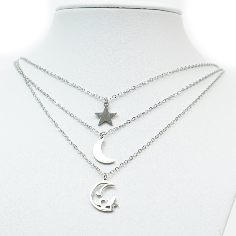 Stainless Steel Triple Chain Moon and Star Charms with Extension