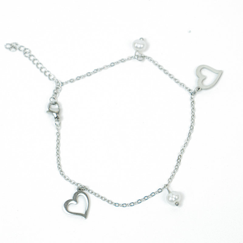 Stainless Steel Silver Hollow Hearts and Imitation Pearl Charms Anklet