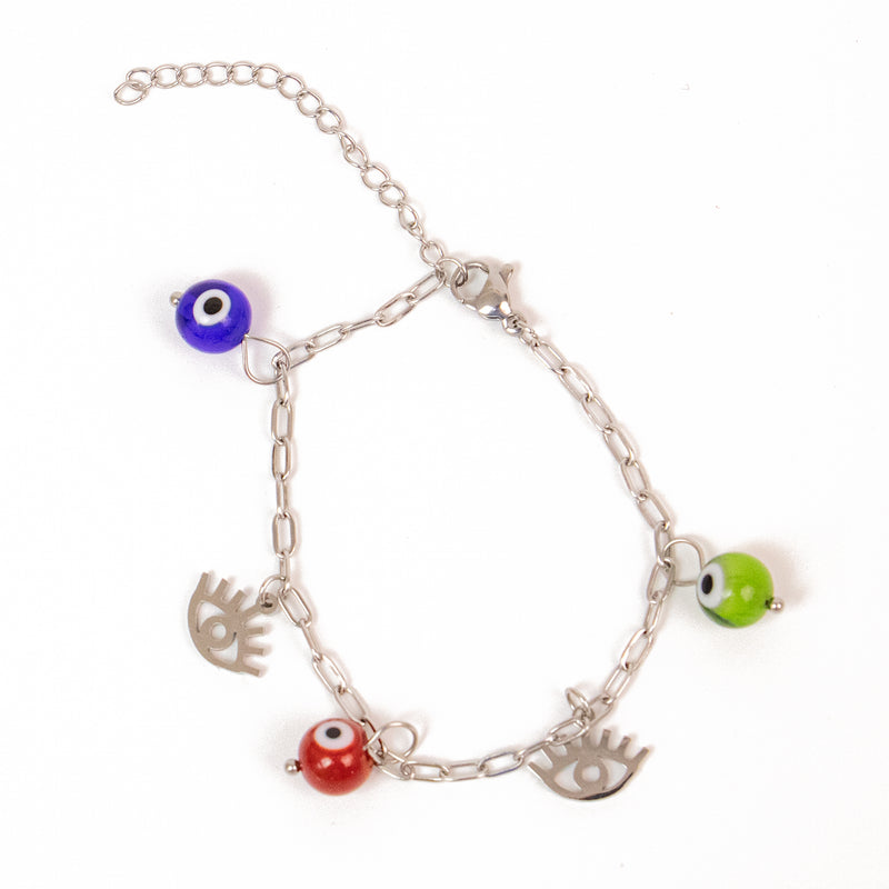 Stainless Steel Evil Eye Assorted Charms Bracelet