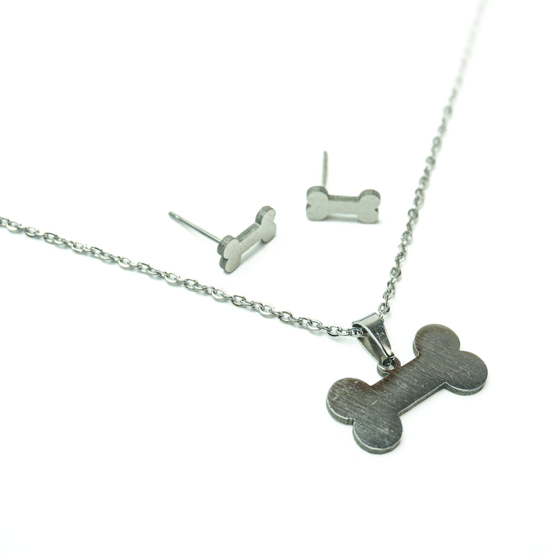 Stainless Steel Necklace & Earrings Set (Dog Bones)