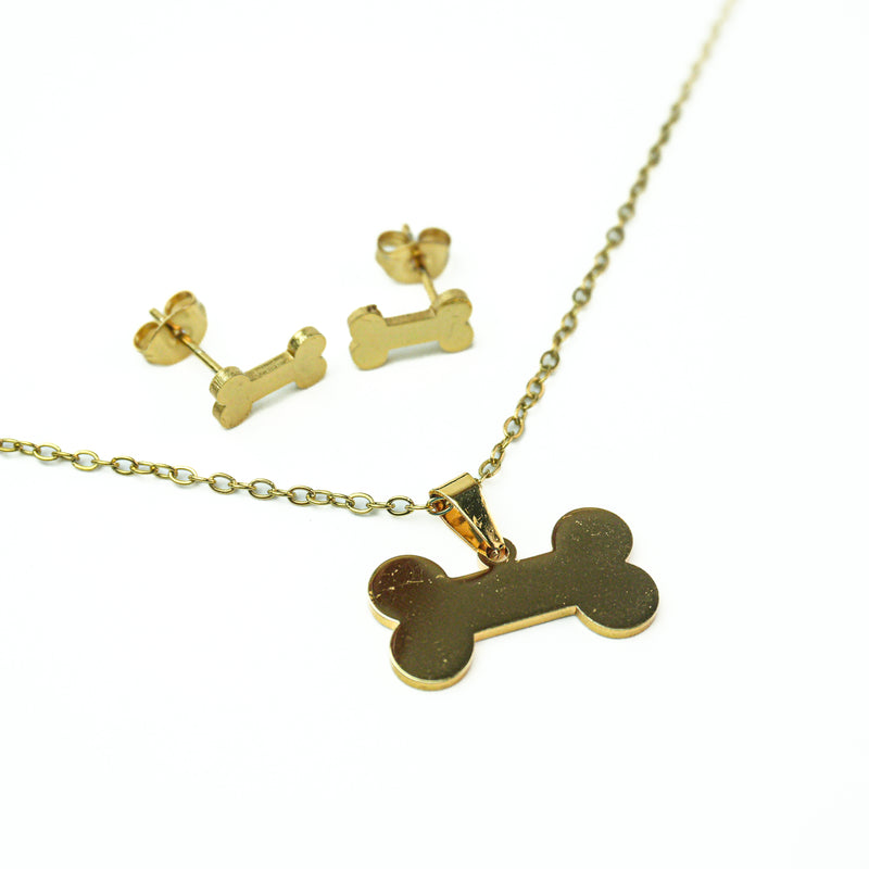 Stainless Steel Necklace & Earrings Set (Dog Bones)