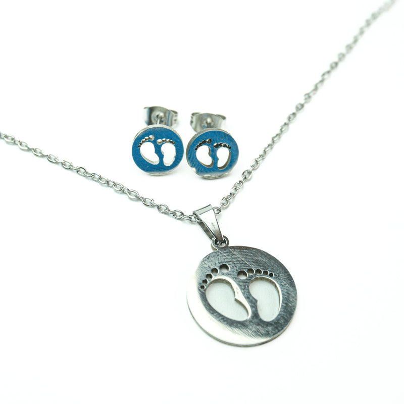 Stainless Steel Necklace & Earrings Set (Round Footprints)