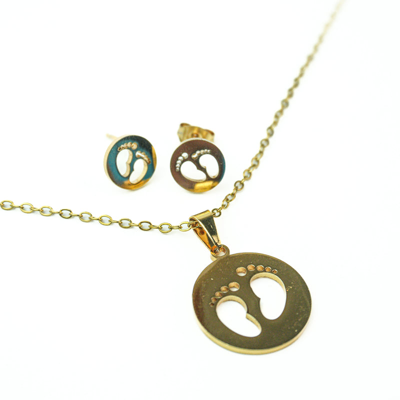 Stainless Steel Necklace & Earrings Set (Round Footprints)