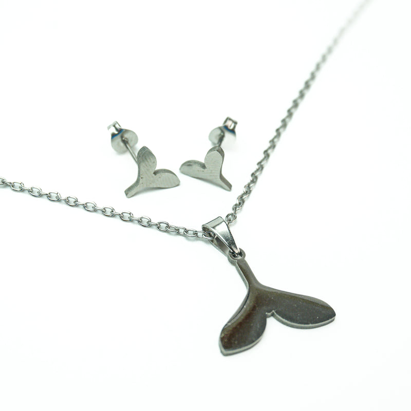 Stainless Steel Necklace & Earrings Set (Whale Tails)