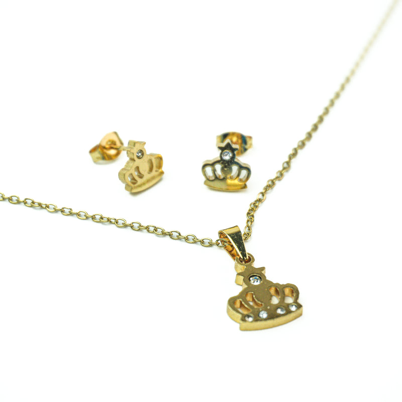 Stainless Steel Necklace & Earrings Set (Crown with Rhinestone)