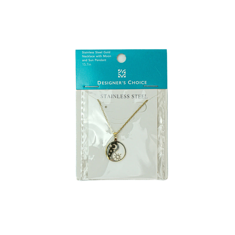 Stainless Steel Choker Necklace with Moon and Sun Pendant