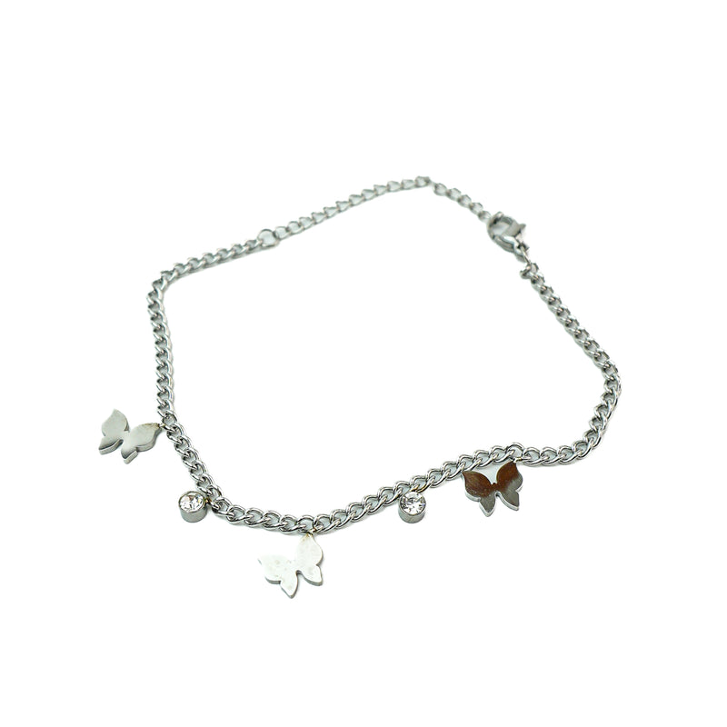 Stainless Steel Bracelet with Butterfly and Rhinestone Charms