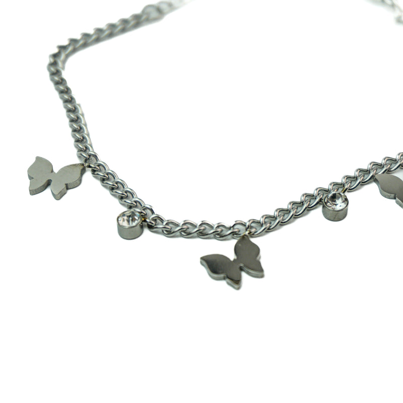 Stainless Steel Bracelet with Butterfly and Rhinestone Charms