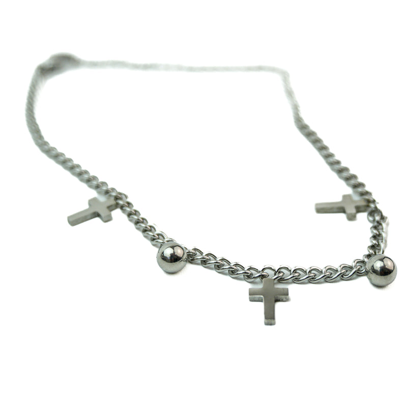 Stainless Steel Bracelet with Cross and Ball Charms