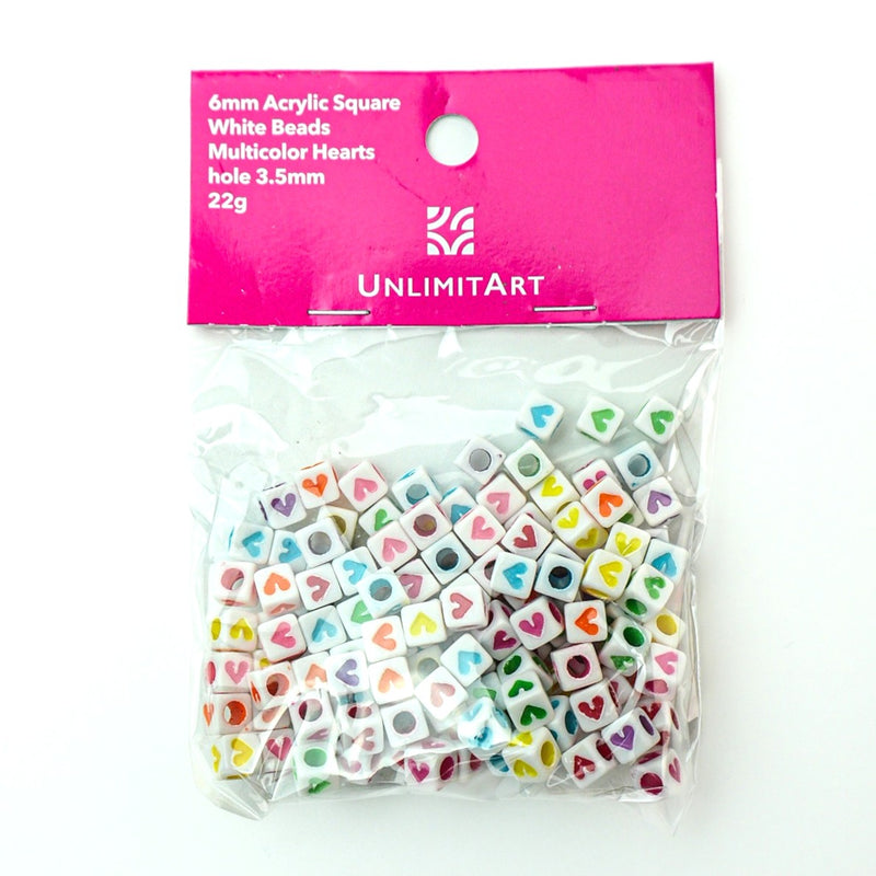 Acrylic Square White Beads Multicolor Hearts