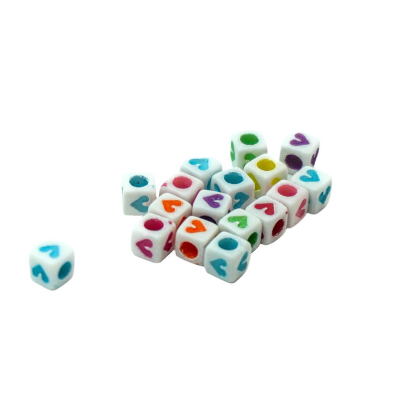 Acrylic Square White Beads Multicolor Hearts