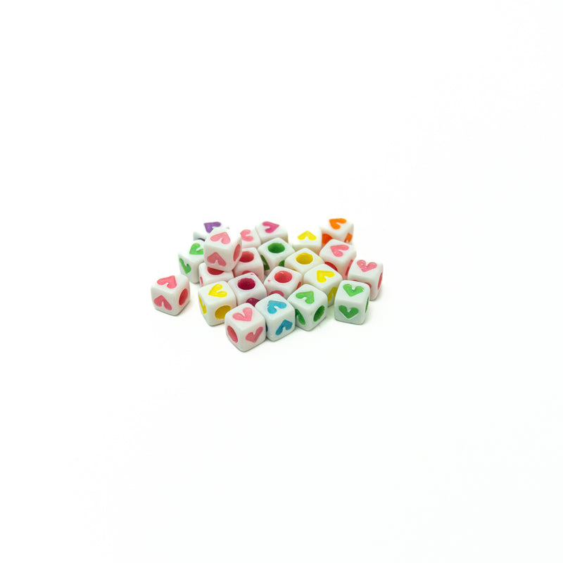 Acrylic Square White Beads Multicolor Hearts