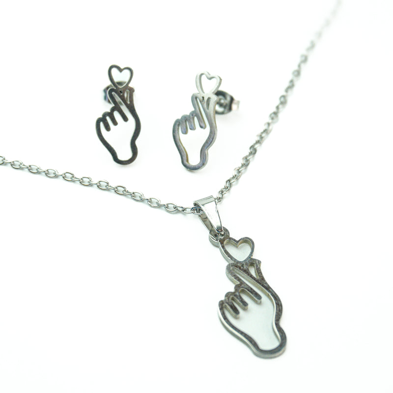 Stainless Steel Necklace & Earrings Set (Korean Finger Sign Heart)