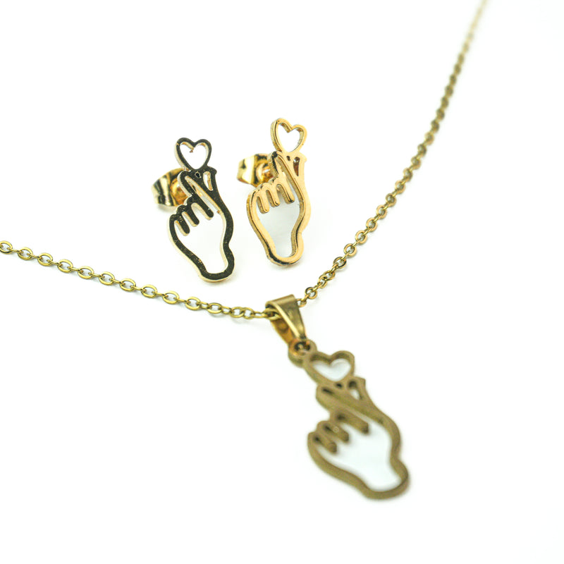 Stainless Steel Necklace & Earrings Set (Korean Finger Sign Heart)