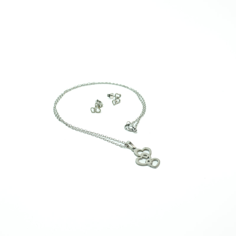 Stainless Steel Necklace & Earrings Set (Three Hearts)