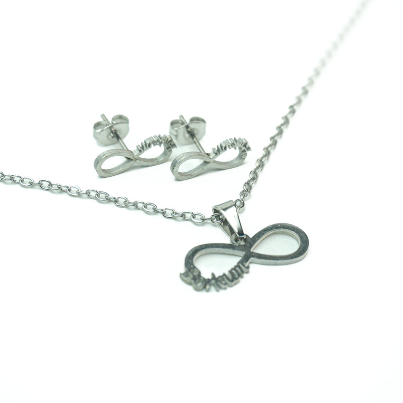 Stainless Steel Necklace & Earrings Silver Set (Infinity Symbol with word Love)