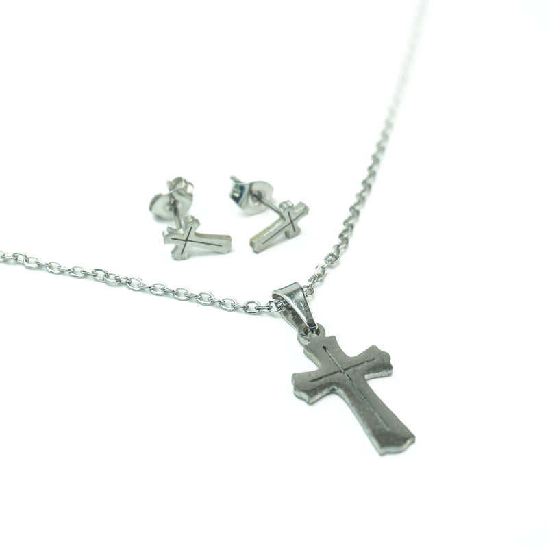 Stainless Steel Necklace & Earrings Set (Cross)