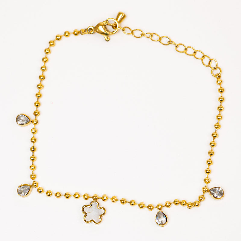 Stainless Steel Gold White Flower & Rhinestone Ball Chain Bracelet Jewelry